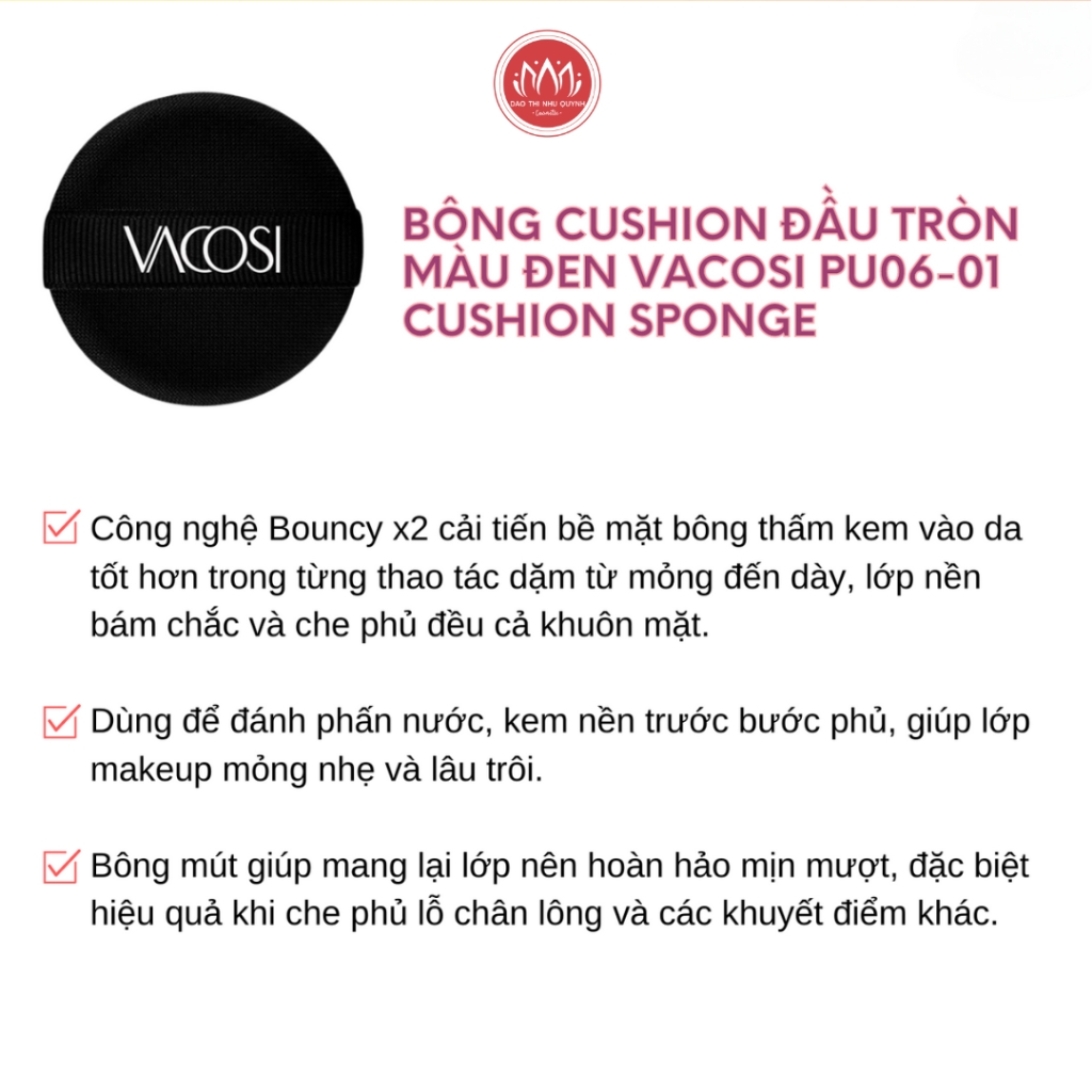 Bông mút trang điểm tán kem nền , bông cushion Vacosi PU06  màu đen đầu tròn - 01 & đầu nhọn - 02