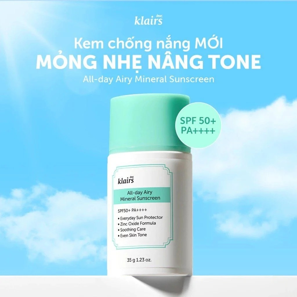 Kem chống nắng nâng tone sáng da Dear Klairs All-day Airy Mineral Sunscreen SPF50+ PA++++ 60g / 35g / 10g