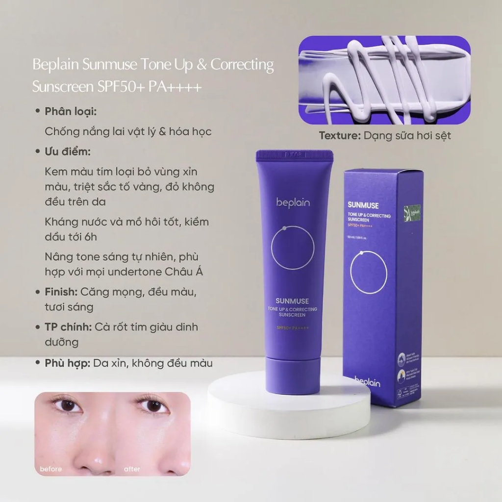 Kem chống nắng Beplain Sunmuse vật lý lai hóa học nâng tone & kiềm dầu Matte mịn lì SPF50+ 10ml/50ml