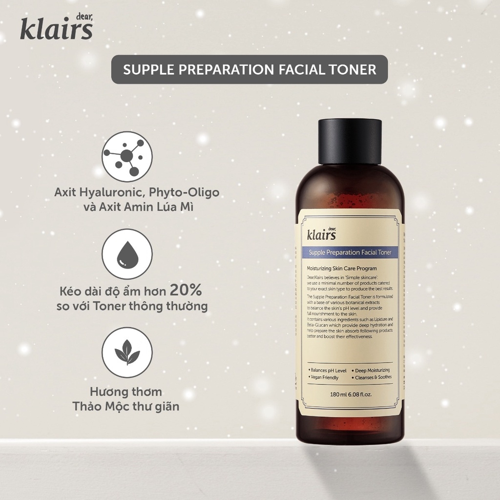 Nước hoa hồng Klairs Supple Preparation Facial Toner 180ml unscented toner có mùi hương và không mùi