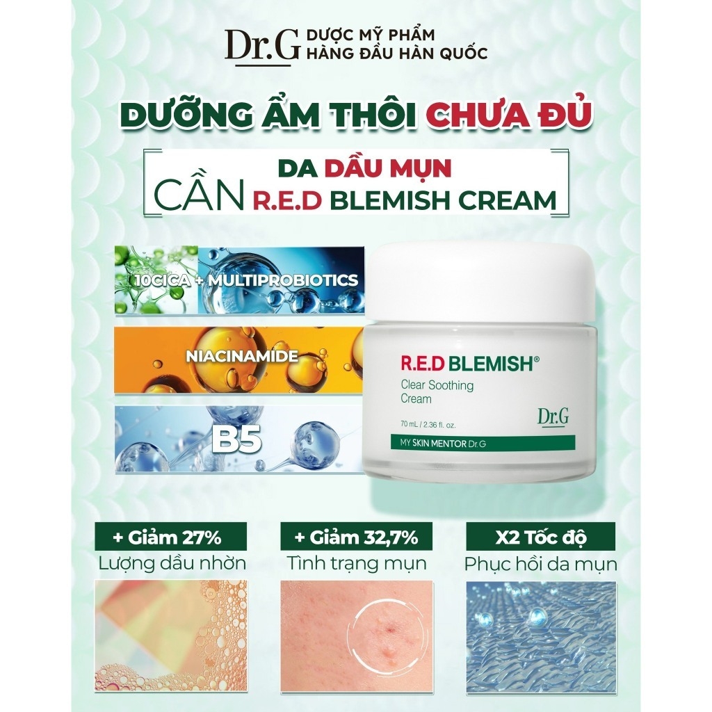 Bộ chăm sóc da Dr.G - R.E.D BLEMISH  Soothing Cream Set ( Kem dưỡng 70ml + KCN Brightening 20ml )