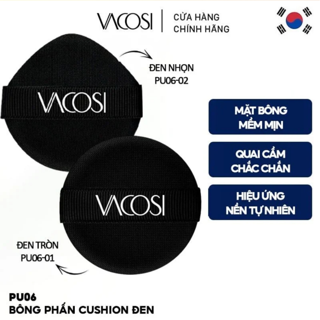 Bông mút trang điểm tán kem nền , bông cushion Vacosi PU06  màu đen đầu tròn - 01 & đầu nhọn - 02