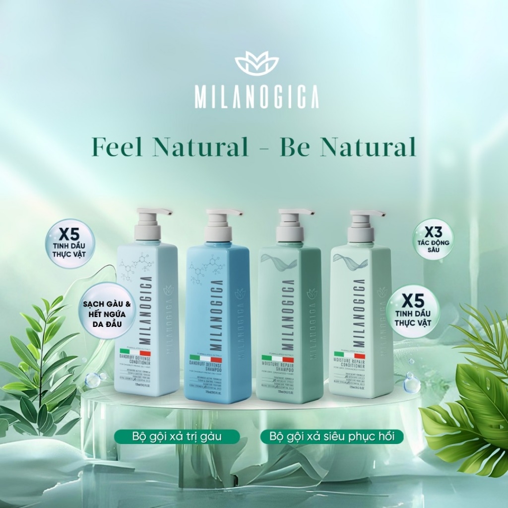 Combo dầu gội dầu xả hương nước hoa Milanogica Moisture Repair - phục hồi hư tổn, kích mọc tóc 725ml