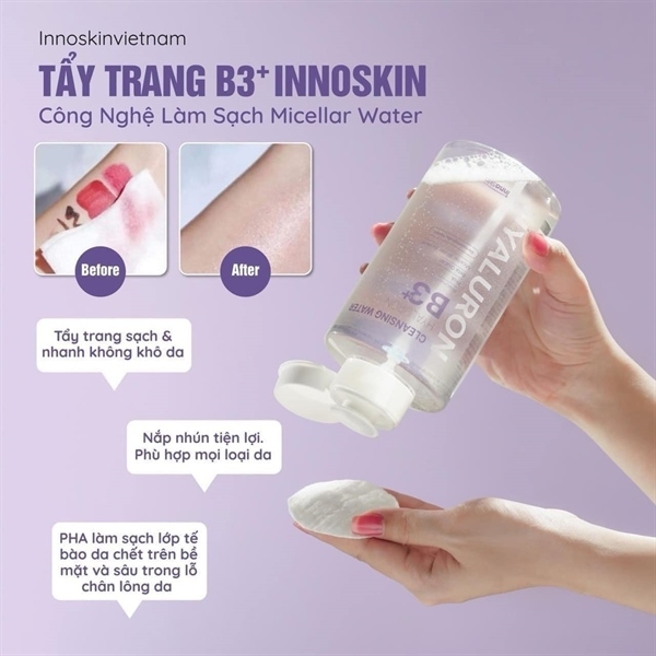 Nước tẩy trang Innoskin B3 Hyaluron Cleansing Water 500ml - nước tẩy trang phục hồi làm dịu da
