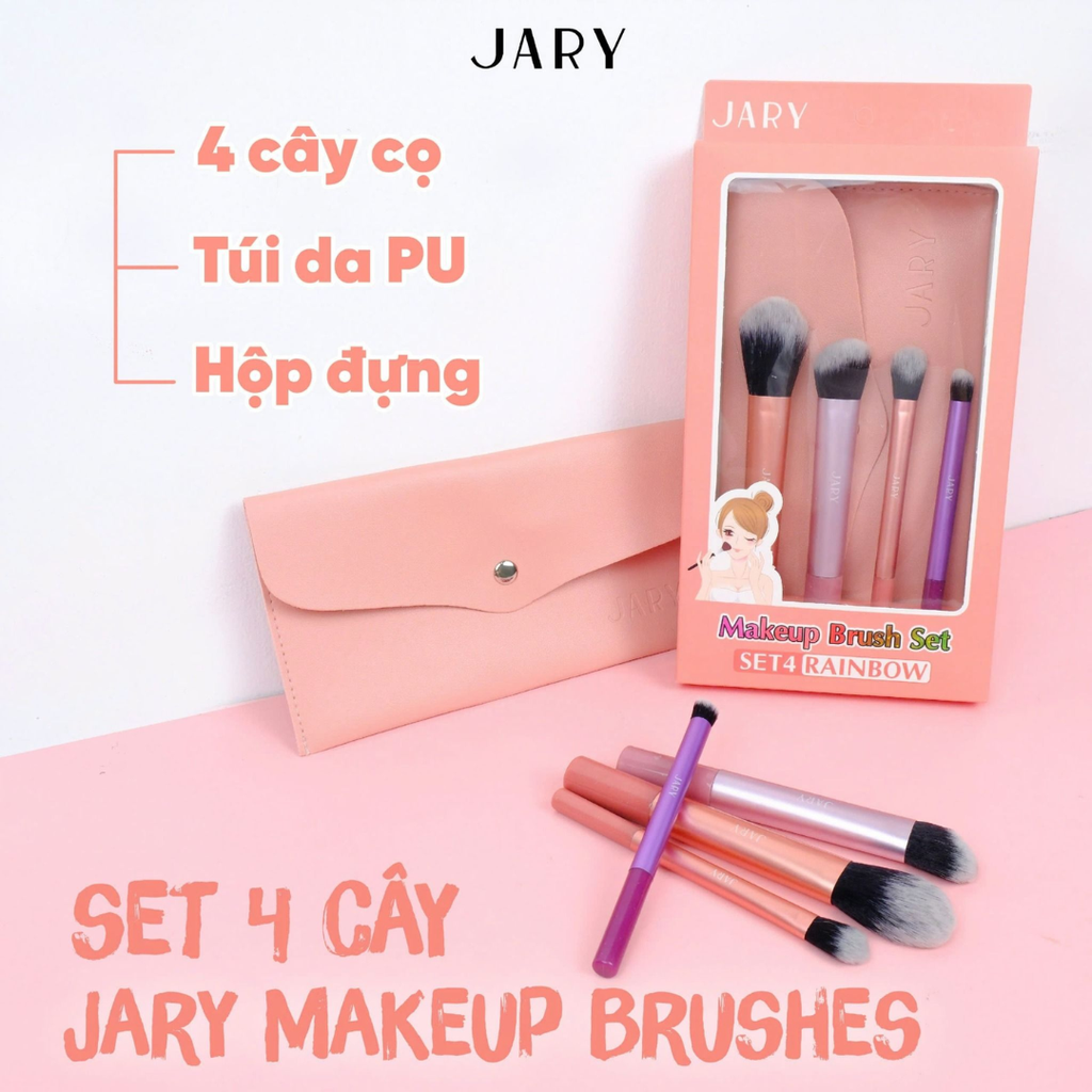 Set 4 cọ trang điểm Jary Make Up Brush Rainbow - Bộ cọ màu cầu vồng kèm túi da PU cao cấp tiện lợi