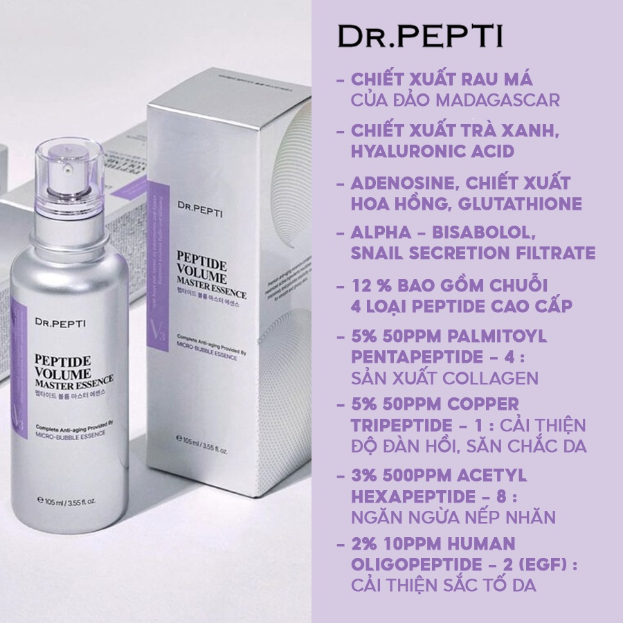 Tinh chất Dr Pepti sủi bọt serum Peptide tím Volume Master Essence trắng da, thu nhỏ lỗ chân lông 50ml 105ml dr.pepti