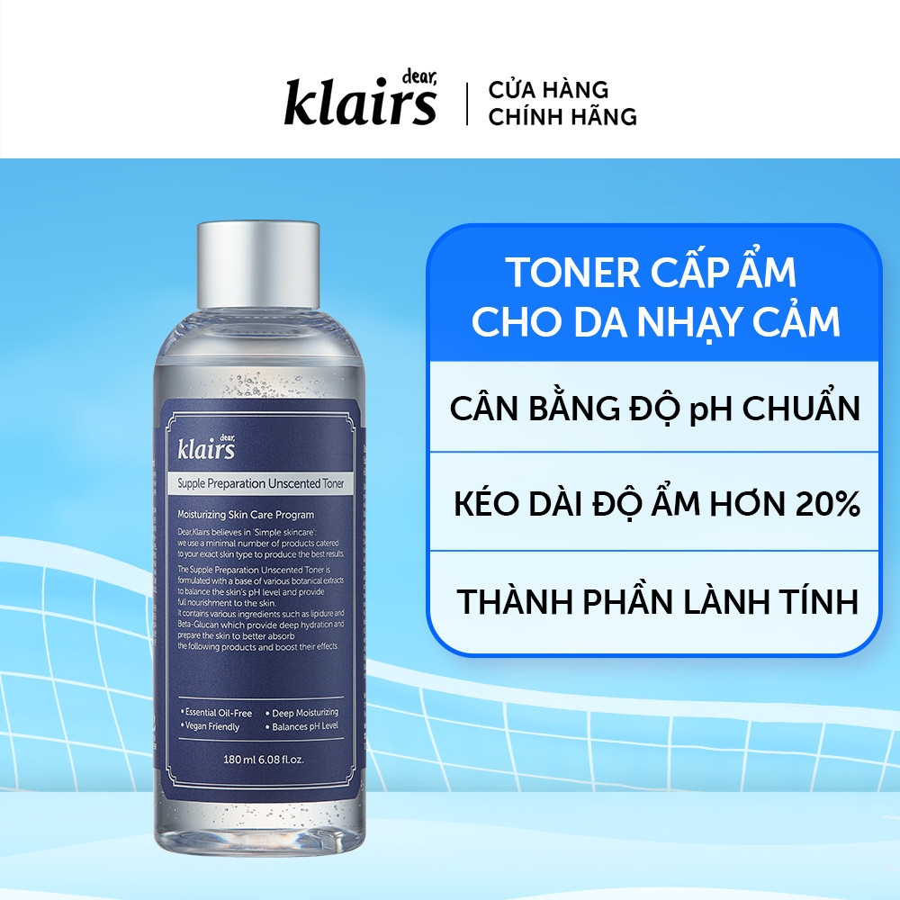 Toner không mùi Klairs Nước hoa hồng dưỡng ẩm da 180ml - 30ml Dear Klair Supple Unscented chính hãng