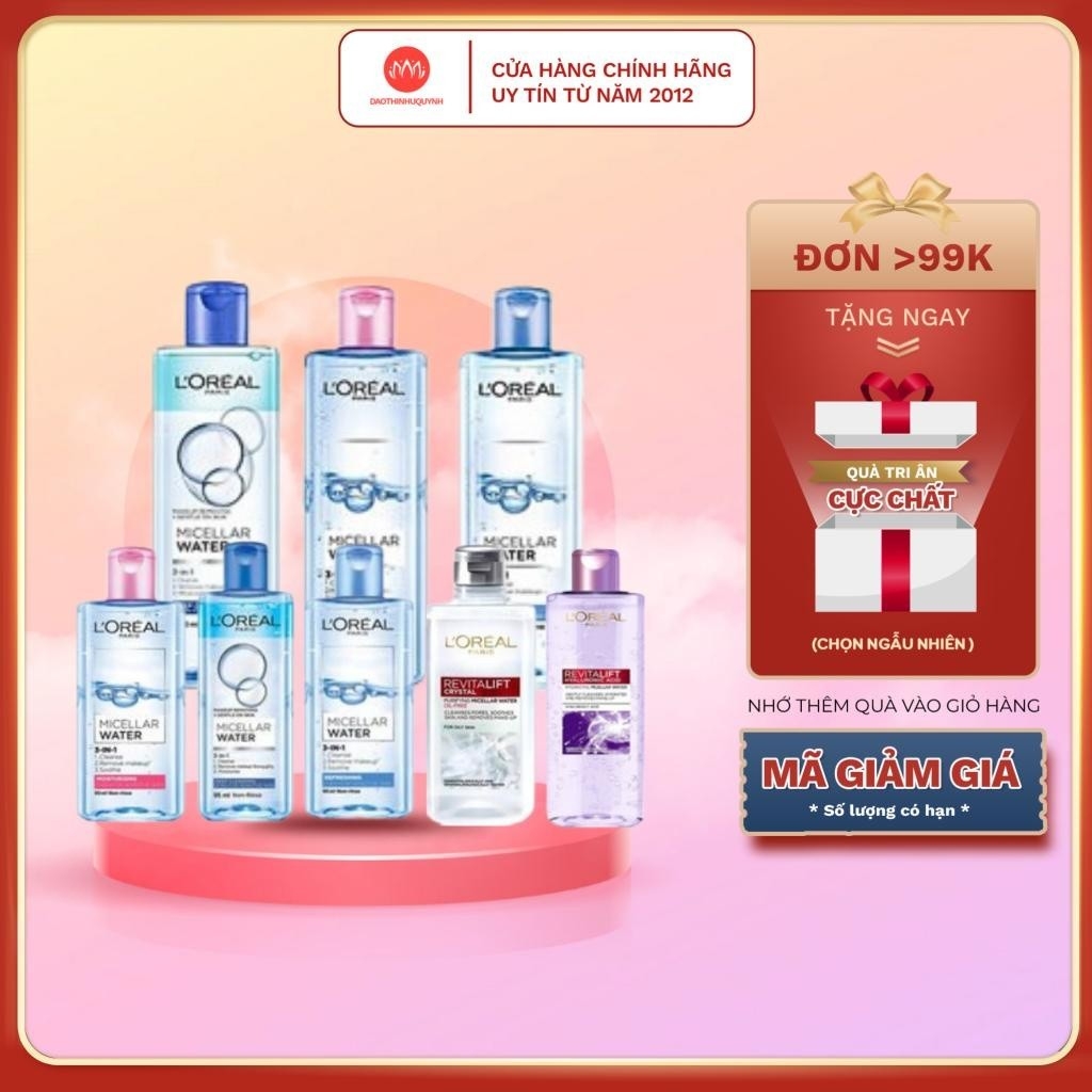 Nước Tẩy Trang Loreal 3-in-1 Micellar Water L'oreal Paris 400ml Xanh Đậm Sạch Sâu - Xanh Nhạt - Hồng Dưỡng Ẩm