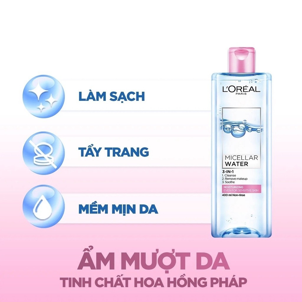 Nước Tẩy Trang Loreal 3-in-1 Micellar Water L'oreal Paris 400ml Xanh Đậm Sạch Sâu - Xanh Nhạt - Hồng Dưỡng Ẩm