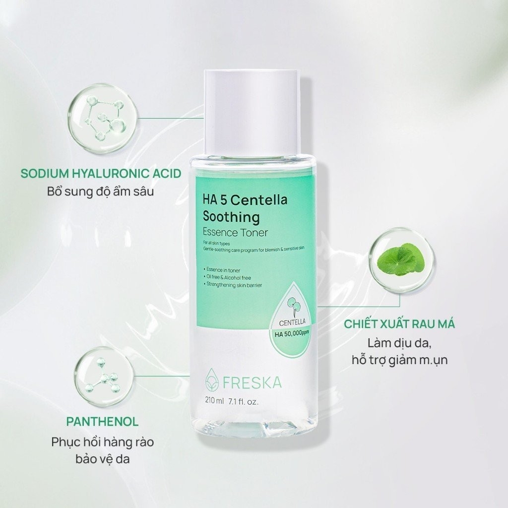 Nước hoa hồng chiết xuất rau má Freska HA 5 Centella Soothing Essence Toner cáp ẩm làm mềm da  210ml