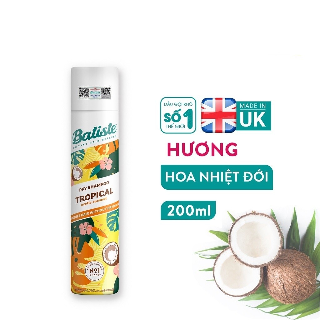 Dầu Gội Khô Batiste Dry Shampoo Hết Ngứa, Hết Bết Dính Tóc Bồng Bềnh Tức Thì 200ml