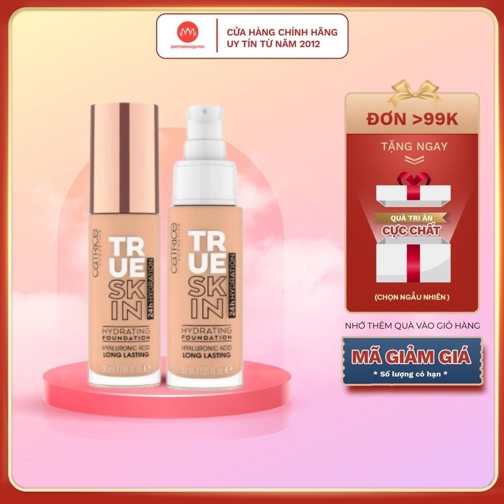 Kem nền dưỡng ẩm Catrice True Skin Hydrating Foundation cấp ẩm và che khuyết điểm tối ưu 30ml