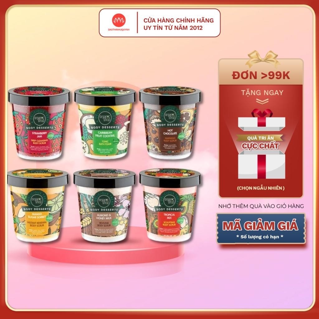 Tẩy Tế Bào Chết Toàn Thân Organic Shop Body Desserts 450ml Strawberry Jam -Almond & Honey Milk-Chocolate-daothinhuquynh