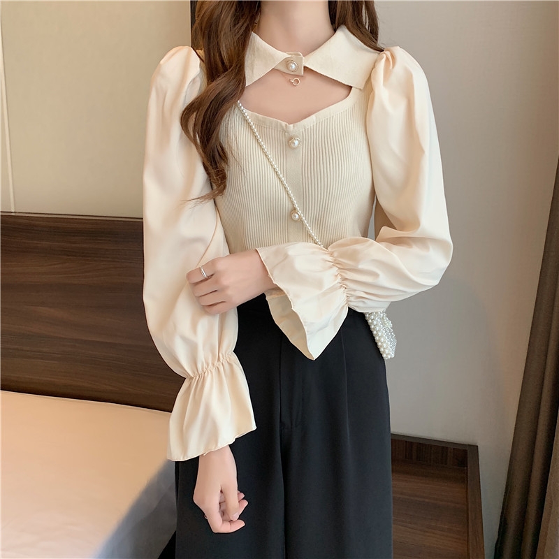 Áo sơ mi cổ cách điệu phối len