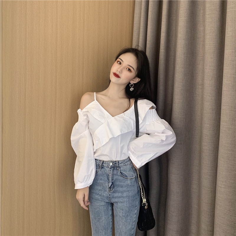 Áo sơ mi dài tay lệch vai cổ chữ V thiết kế sang trọng