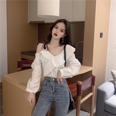 Áo sơ mi dài tay lệch vai cổ chữ V thiết kế sang trọng