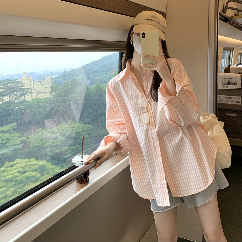 Áo sơ mi SUXI tay dài kẻ sọc dáng rộng thời trang Hàn Quốc cho nữ
