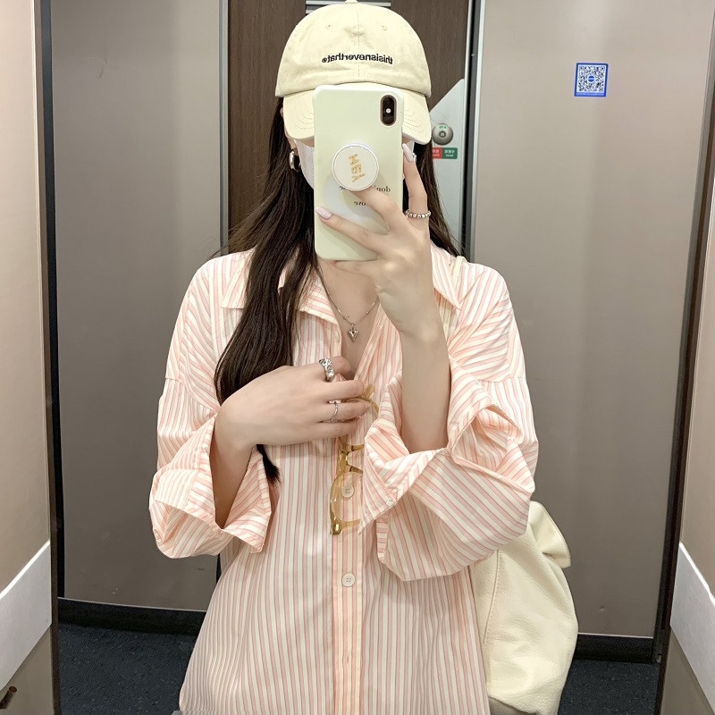 Áo sơ mi SUXI tay dài kẻ sọc dáng rộng thời trang Hàn Quốc cho nữ