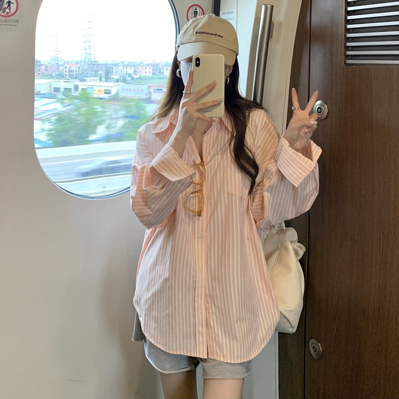 Áo sơ mi SUXI tay dài kẻ sọc dáng rộng thời trang Hàn Quốc cho nữ