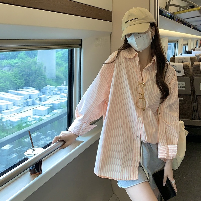 Áo sơ mi SUXI tay dài kẻ sọc dáng rộng thời trang Hàn Quốc cho nữ