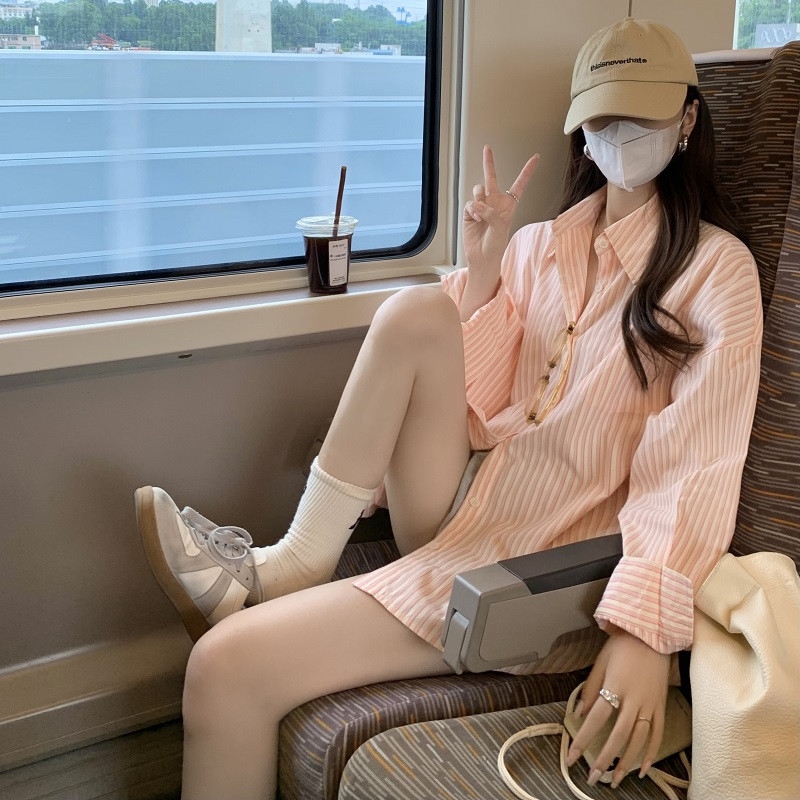 Áo sơ mi SUXI tay dài kẻ sọc dáng rộng thời trang Hàn Quốc cho nữ