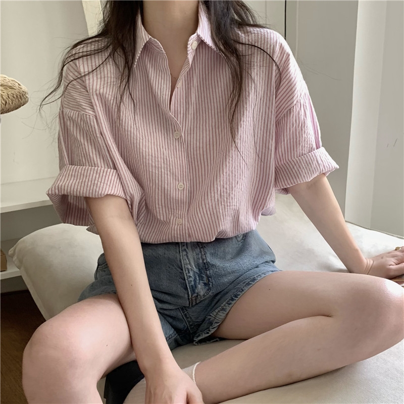 Áo sơ mi tay ngắn dáng rộng kẻ phong cách Hàn Quốc trẻ trung cho nữ