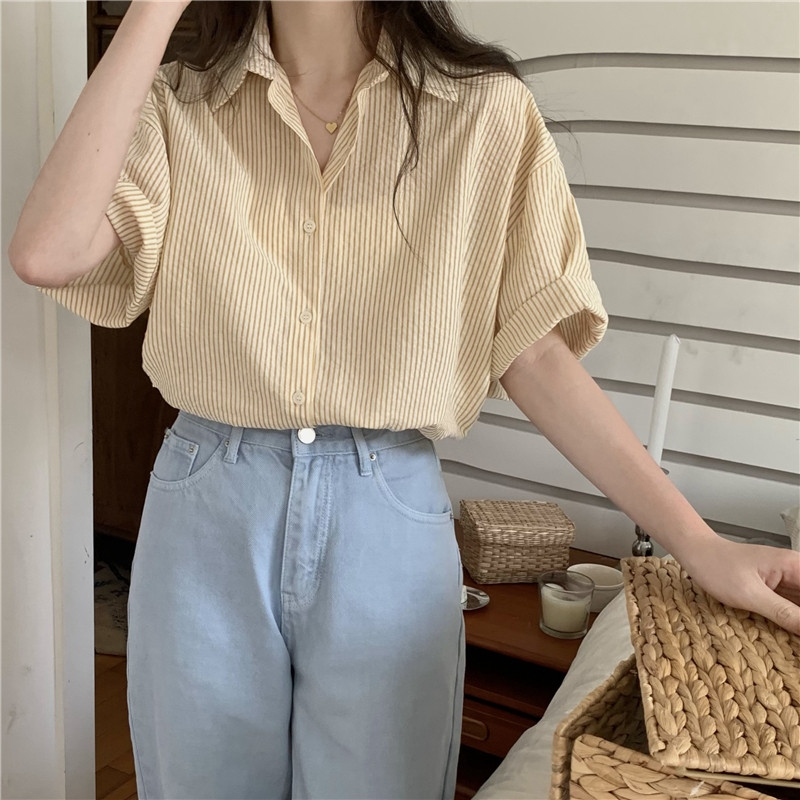 Áo sơ mi tay ngắn dáng rộng kẻ phong cách Hàn Quốc trẻ trung cho nữ
