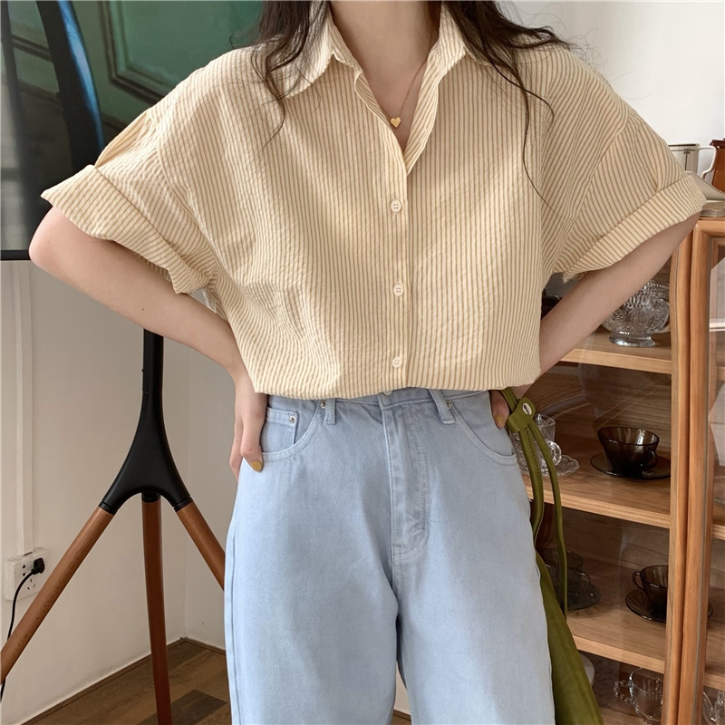 Áo sơ mi tay ngắn dáng rộng kẻ phong cách Hàn Quốc trẻ trung cho nữ