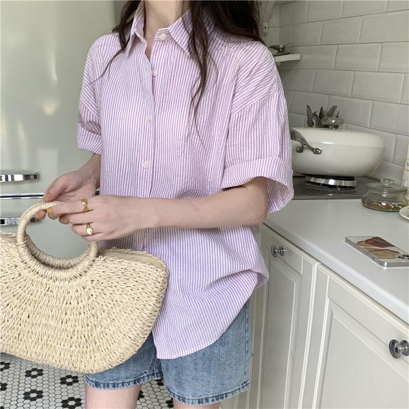 Áo sơ mi tay ngắn dáng rộng kẻ phong cách Hàn Quốc trẻ trung cho nữ