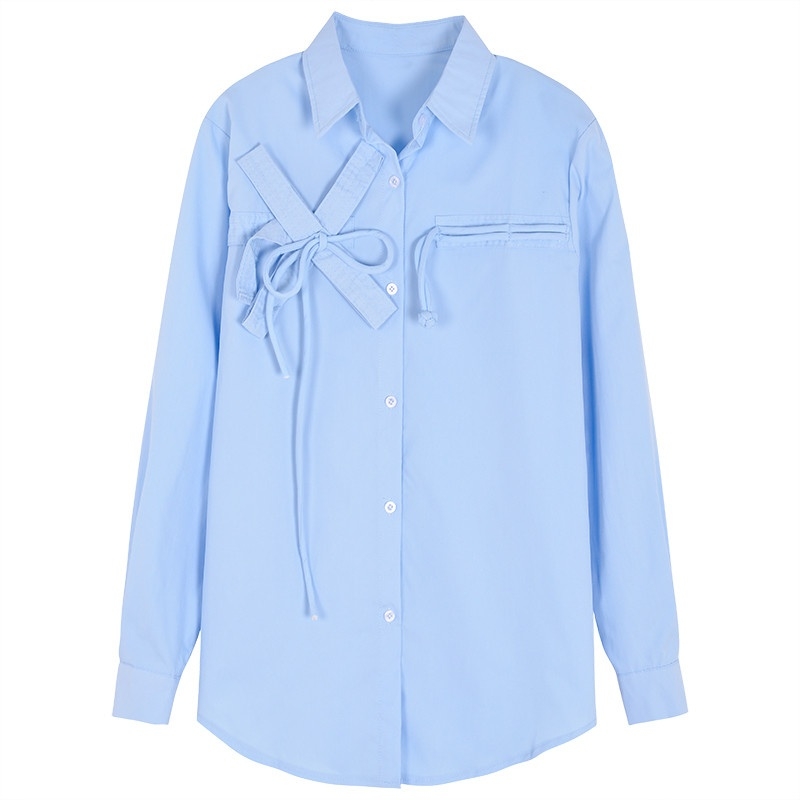 Áo sơ mi thiết kế mới nút nơ ve áo dài tay nữ dáng rộng cho nữ