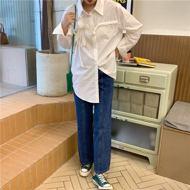 Áo sơ mi thiết kế mới nút nơ ve áo dài tay nữ dáng rộng cho nữ