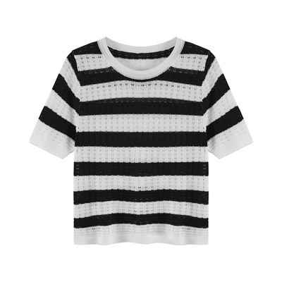 Áo thun ngắn tay dệt kim kẻ sọc phong cách retro cho nữ mùa hè 2023 mẫu mới