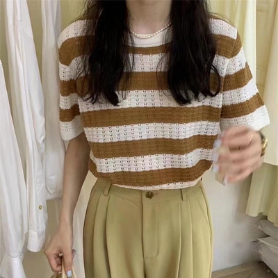 Áo thun ngắn tay dệt kim kẻ sọc phong cách retro cho nữ mùa hè 2023 mẫu mới