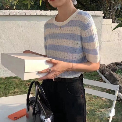Áo thun ngắn tay dệt kim kẻ sọc phong cách retro cho nữ mùa hè 2023 mẫu mới