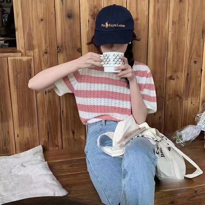 Áo thun ngắn tay dệt kim kẻ sọc phong cách retro cho nữ mùa hè 2023 mẫu mới