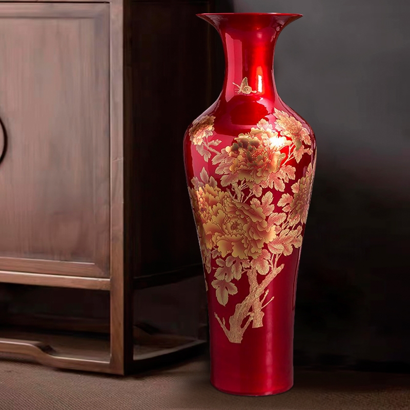 Bình sứ men đỏ hoa mẫu đơn BSMD