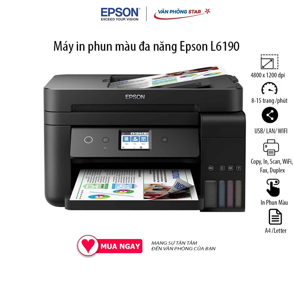 Máy in phun màu Epson L6190 Wifi (Copy, In, Scan, WiFi, Fax, Duplex) tốc độ 15 trang/phút độ phân giải 4800 x 1200 dpi
