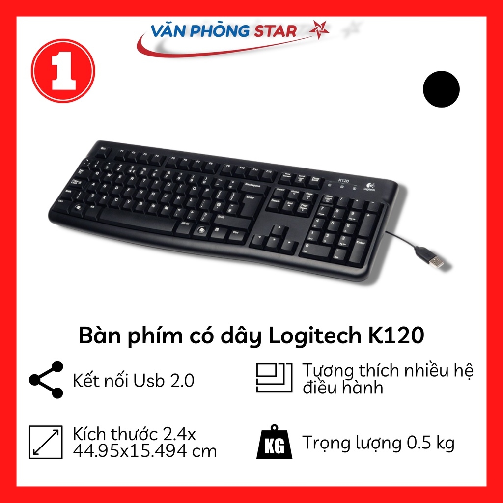 Bàn phím  LOGITECH KEYBOARD K120 (Có dây/USB port/ giảm ồn/ kháng nước)