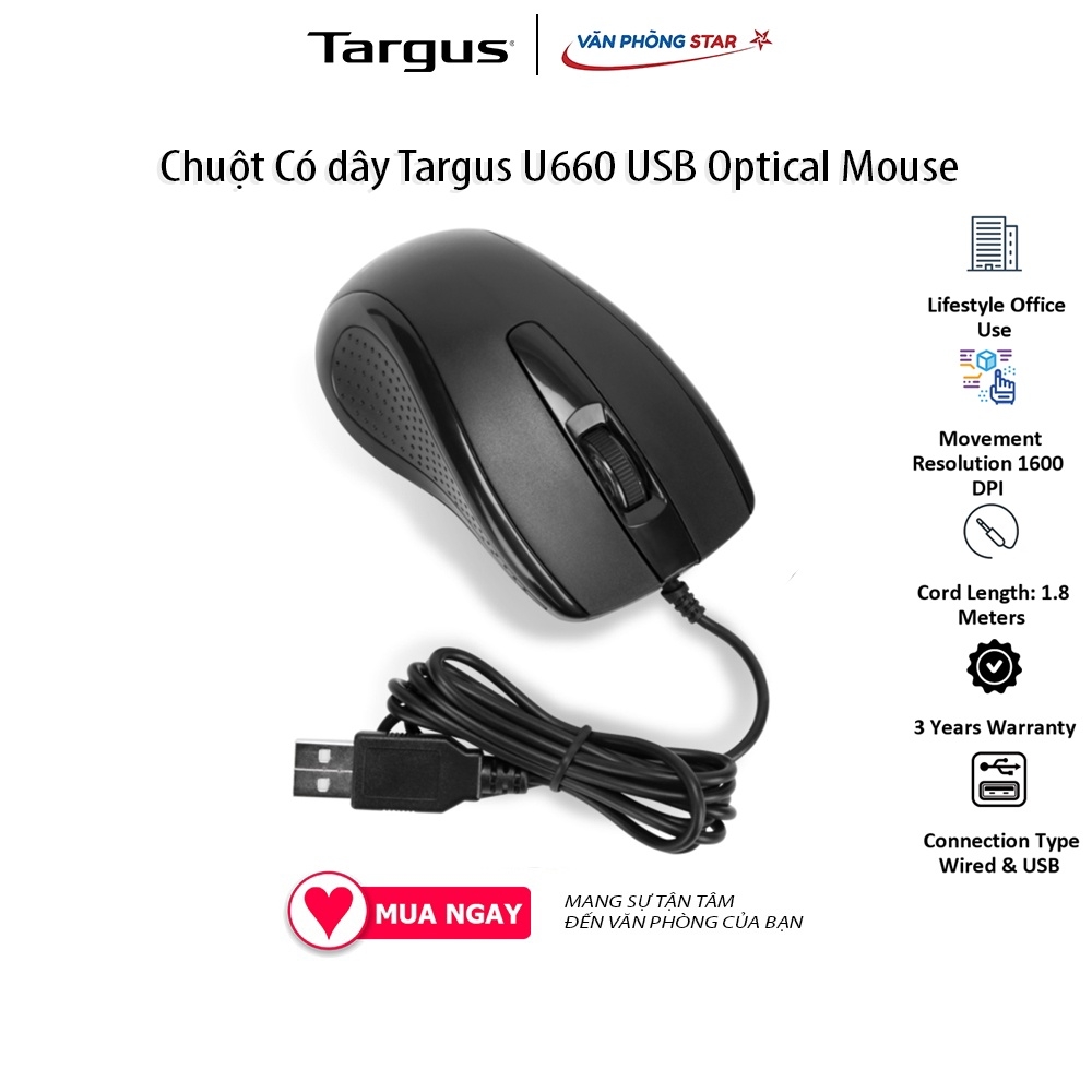 Chuột Có dây Targus U660 USB Optical Mouse. Độ phân giải 1600 DPI. 3 nút điều khiển. Kết nối USB chính hãng Vanphongstar