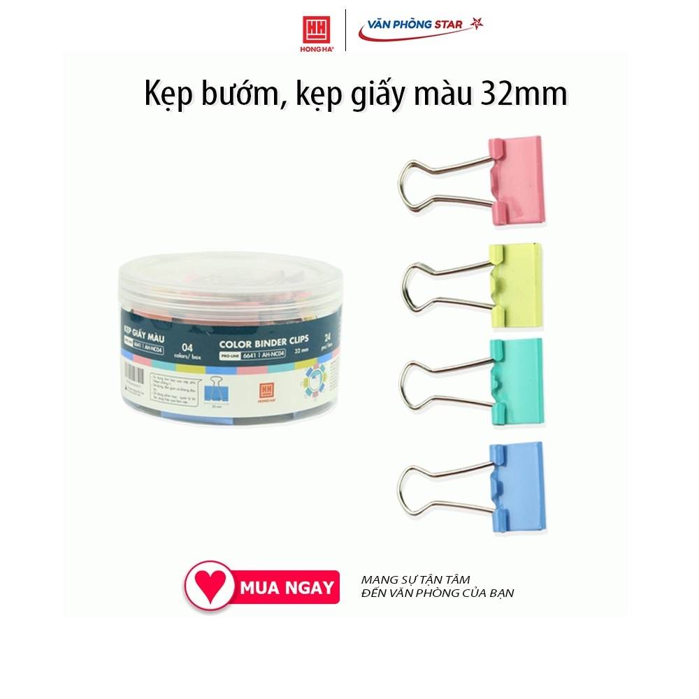 Kẹp bướm, kẹp giấy màu 32mm (hộp 24 chiếc) Màu sắc xanh dương, xanh lá, hồng, vàng neon  chất liệu kim loại cao cấp