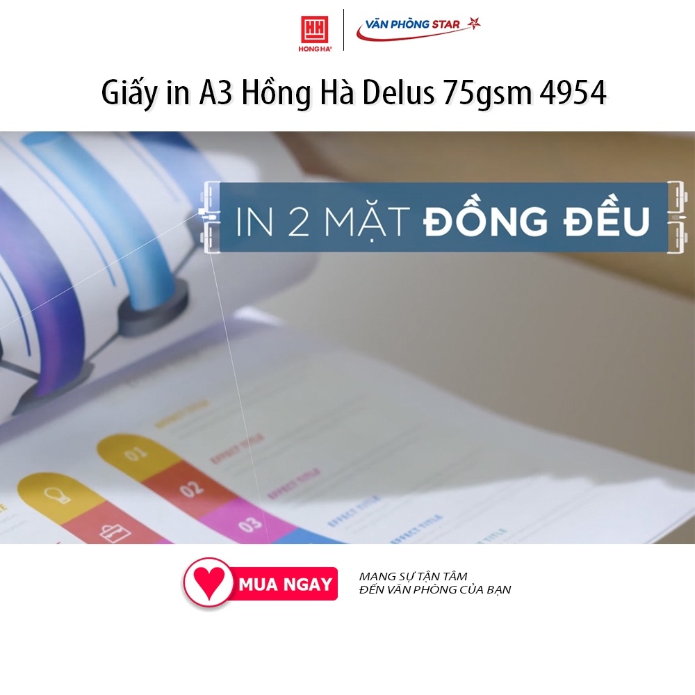 Giấy in A3 Delus Hồng Hà 75gsm 500 tờ/ream 4954. Giấy không bụi, đảm bảo sức khỏe, Thiết kế sang trọng 100% Chlorin free