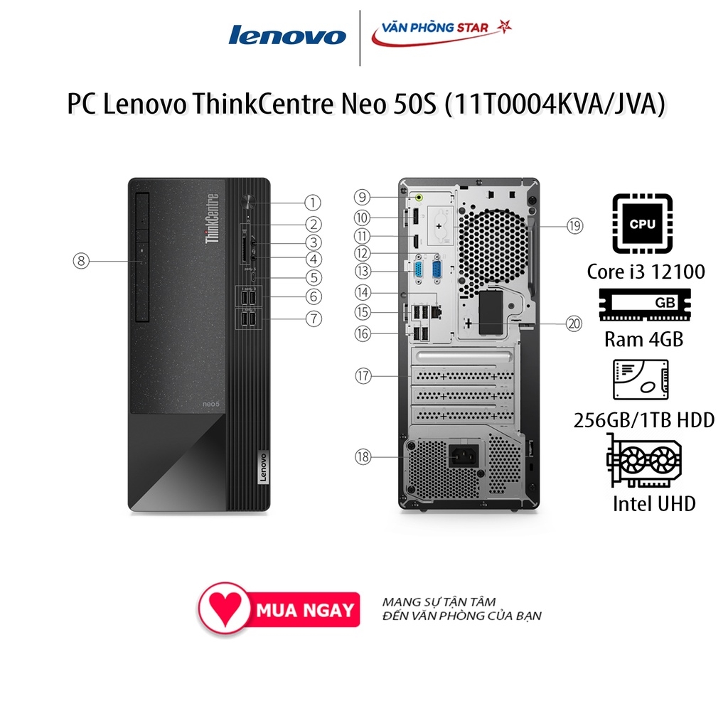 Máy tính để bàn Lenovo ThinkCentre neo 50s (11T0004JVA)/ Intel core i3-12100 (up to 4.3Ghz, 12MB)/ RAM 4GB/ 1TB HDD)
