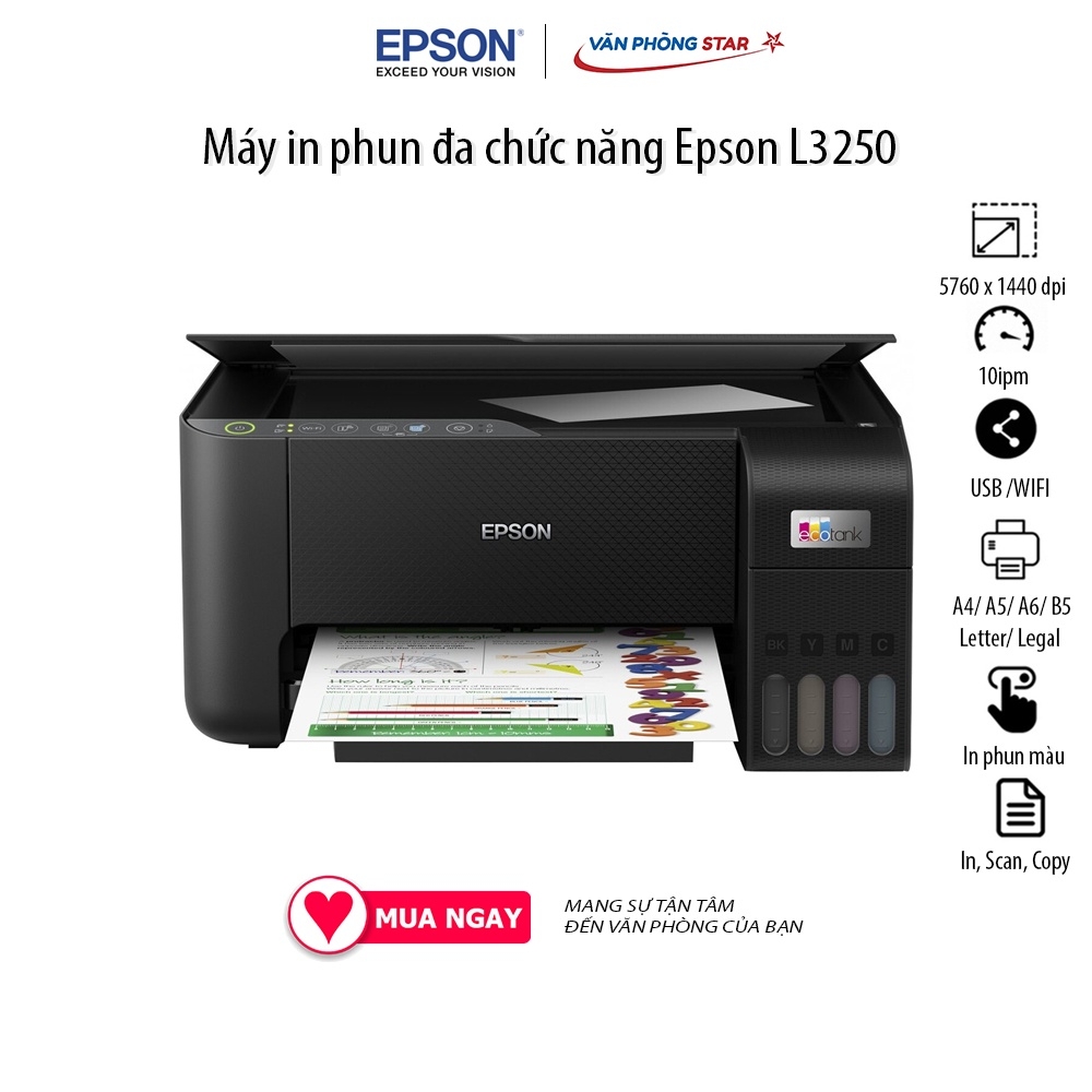 Máy in phun màu đa năng Wifi Epson L3250 khổ A4 - In màu wifi/ copy/ Scan ( Đã kèm mực chính hãng)