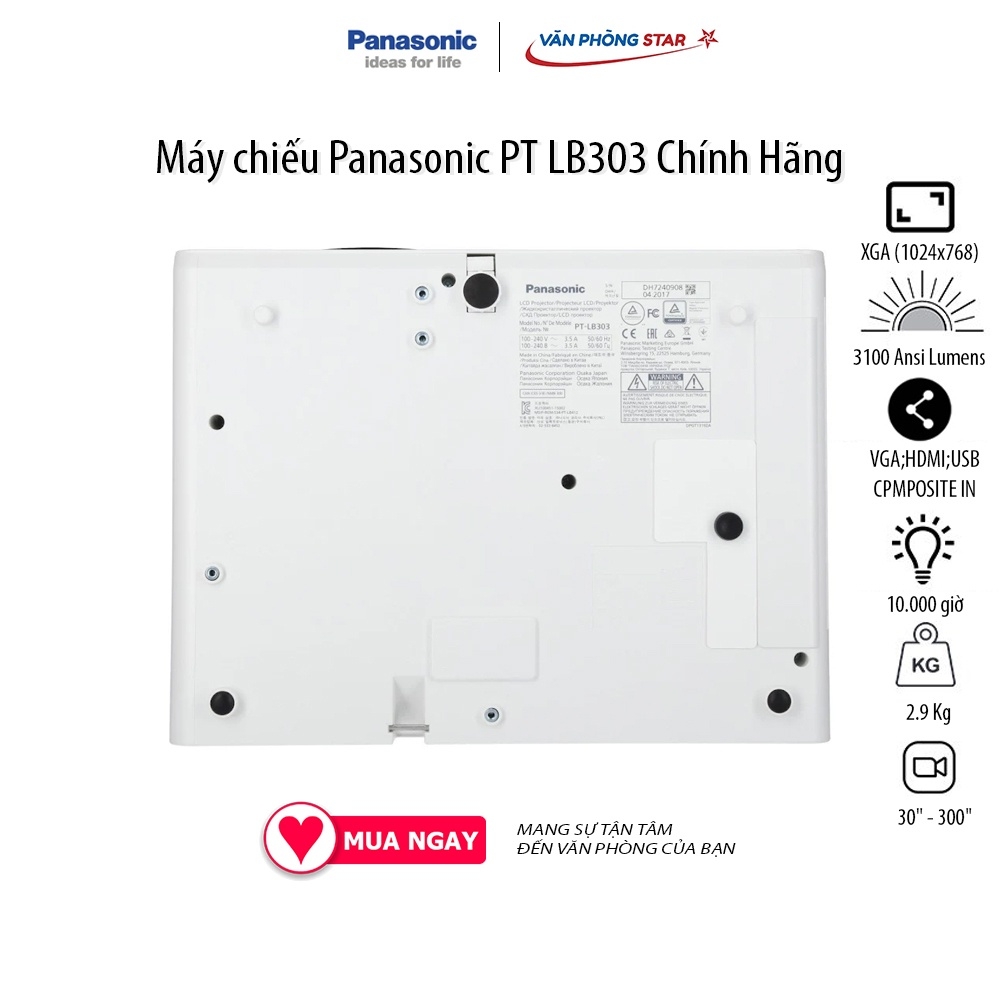 Máy chiếu Panasonic PT LB303 Độ phân giải XGA (1024x768), Độ sáng: 3100 Ansi Lumens. Tuổi thọ bóng đèn 10.000 giờ