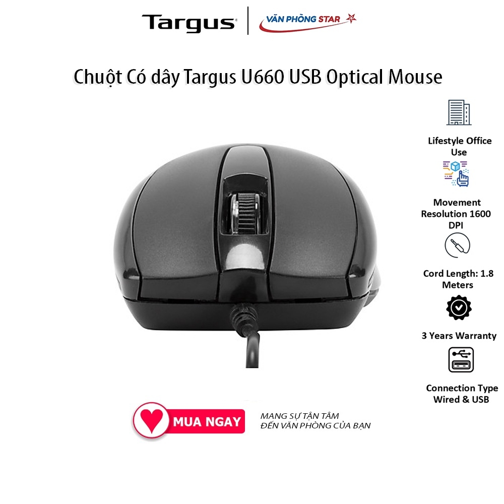 Chuột Có dây Targus U660 USB Optical Mouse. Độ phân giải 1600 DPI. 3 nút điều khiển. Kết nối USB chính hãng Vanphongstar