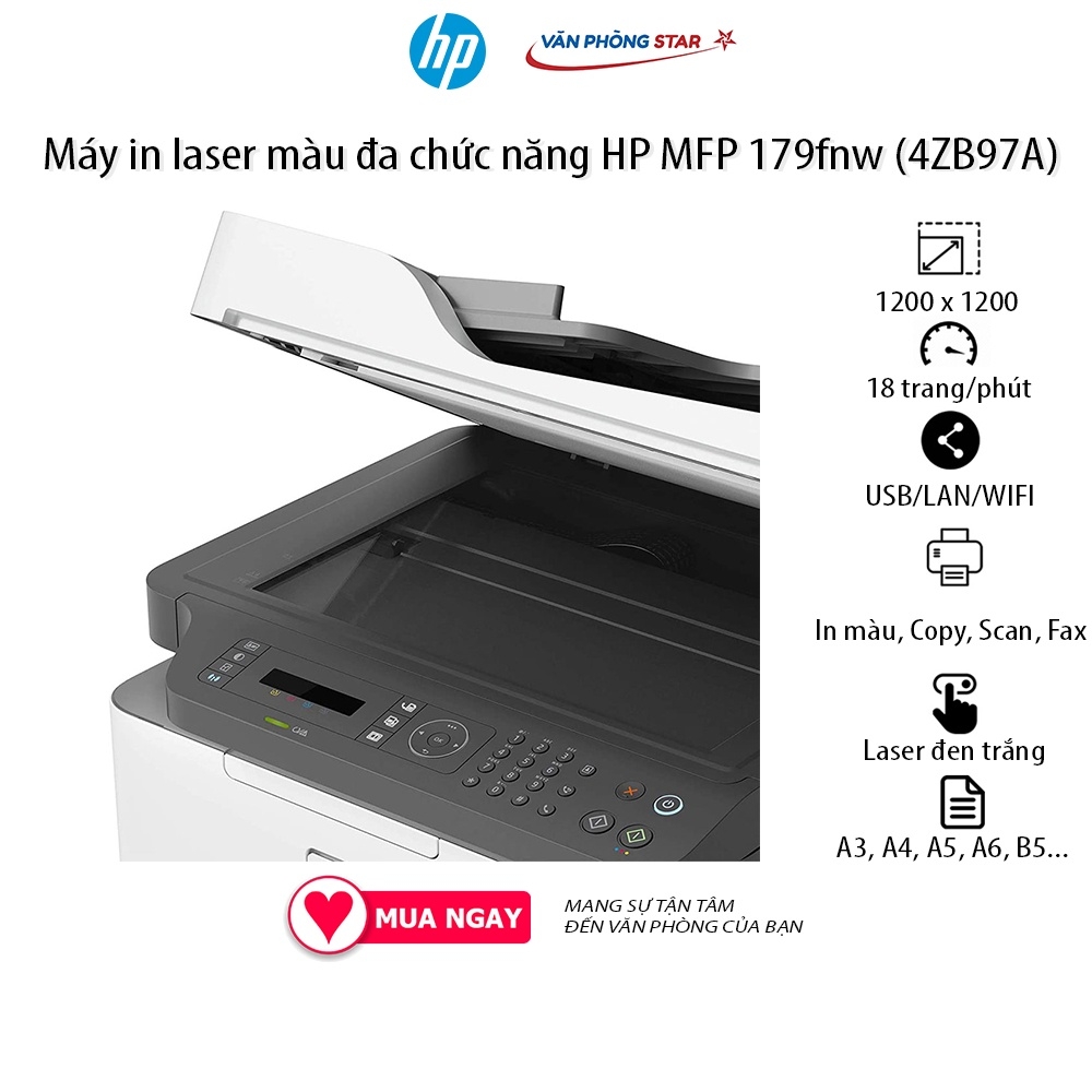 Máy in laser màu đa chức năng HP MFP 179fnw in, copy, scan, fax tốc độ 18 trang/phút cho doanh nghiệp