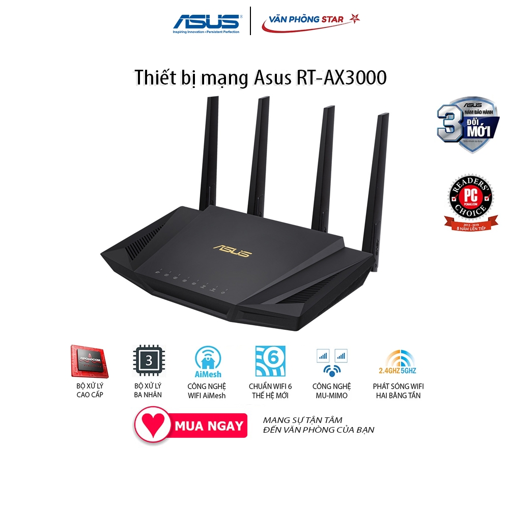 Thiết bị mạng WIFI Asus RT-AX3000  2.4 GHz / 5 GHz Chuẩn kết nối: 802.11