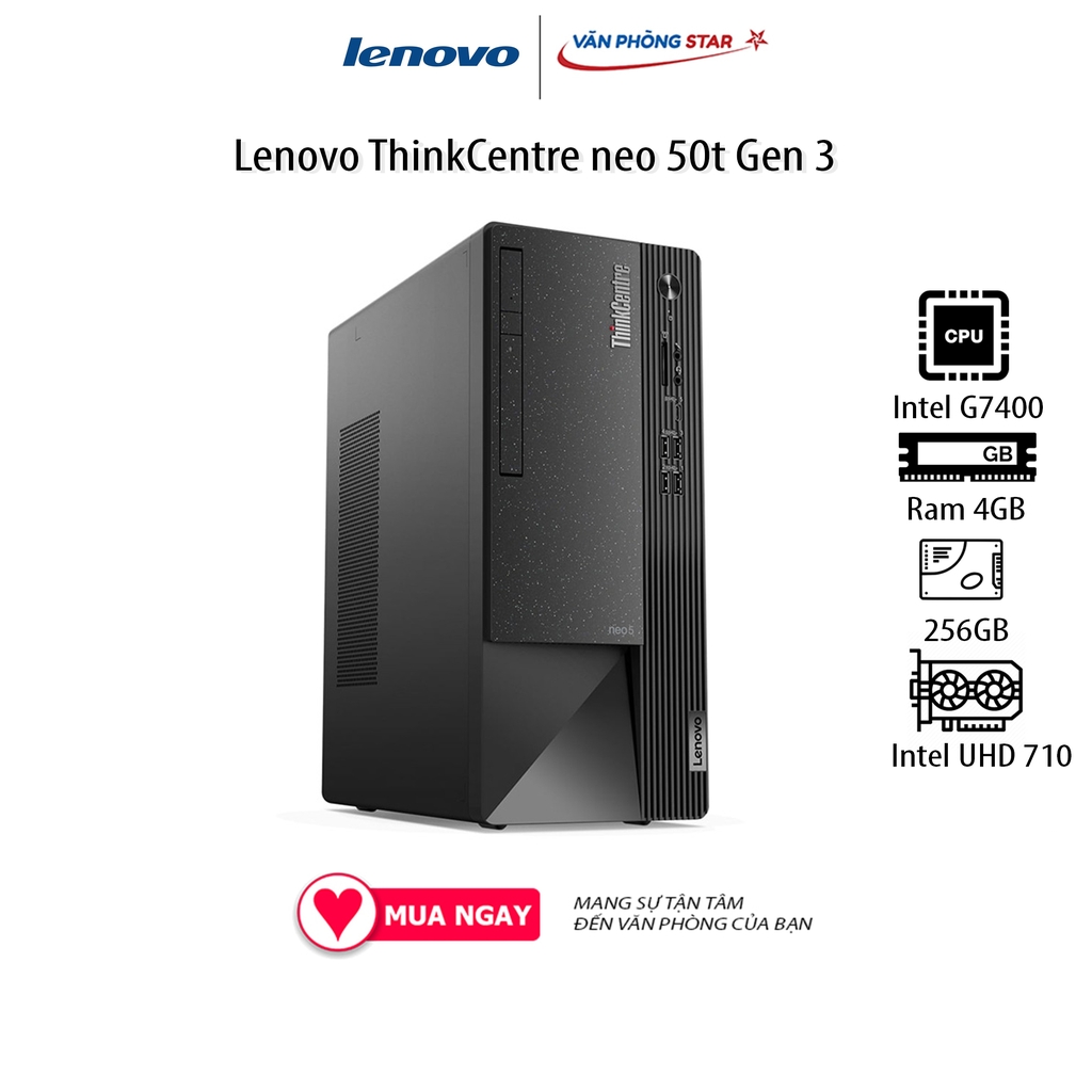 Máy tính để bàn PC Lenovo ThinkCentre neo 50t Gen 3 (11SE008SVA)/ Đen/ Intel Pentium Gold G7400 (3.7GHz)/RAM 4GB/256GB
