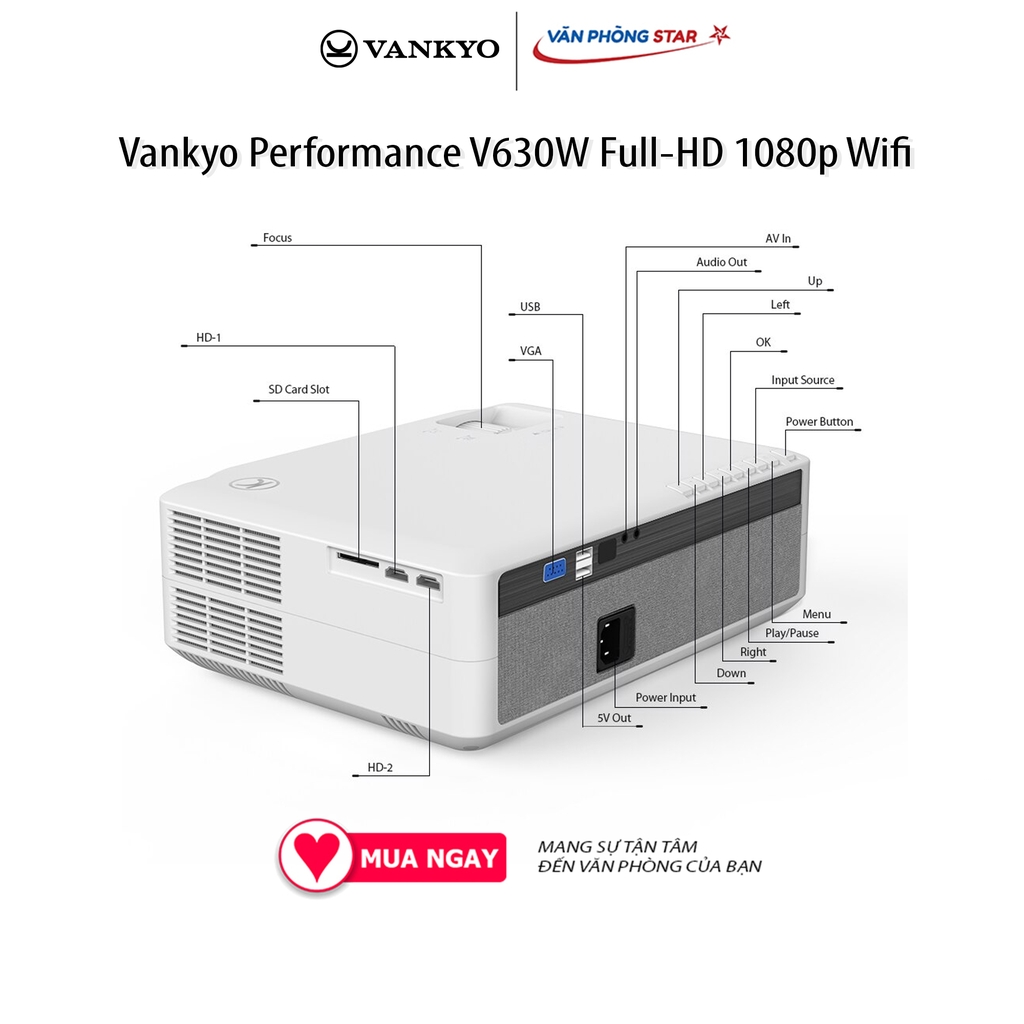 Máy chiếu Vankyo Performance V630W Full-HD 1080p Wifi, độ sáng 7.500 lumens, kích thước chiếu 46-300