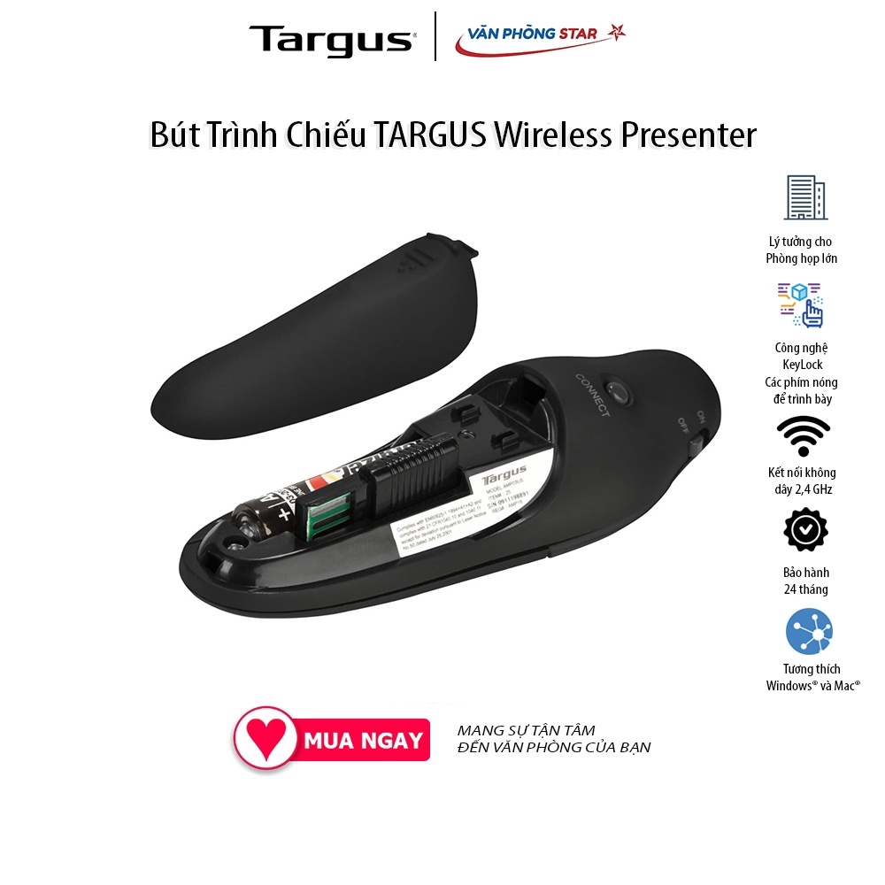 Bút Trình Chiếu TARGUS P19 Wireless Presenter With Laser Pointer Kết nối không dây Tương thích với Windows & MacOS